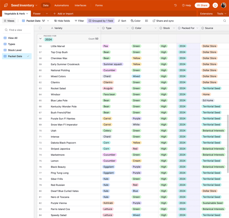Screenshot of Airtable base used for seed inventory
